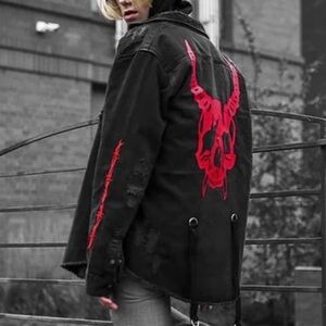 ASRV Fitness Wolf Black Denim Red Skull Shirt/Jacket - M